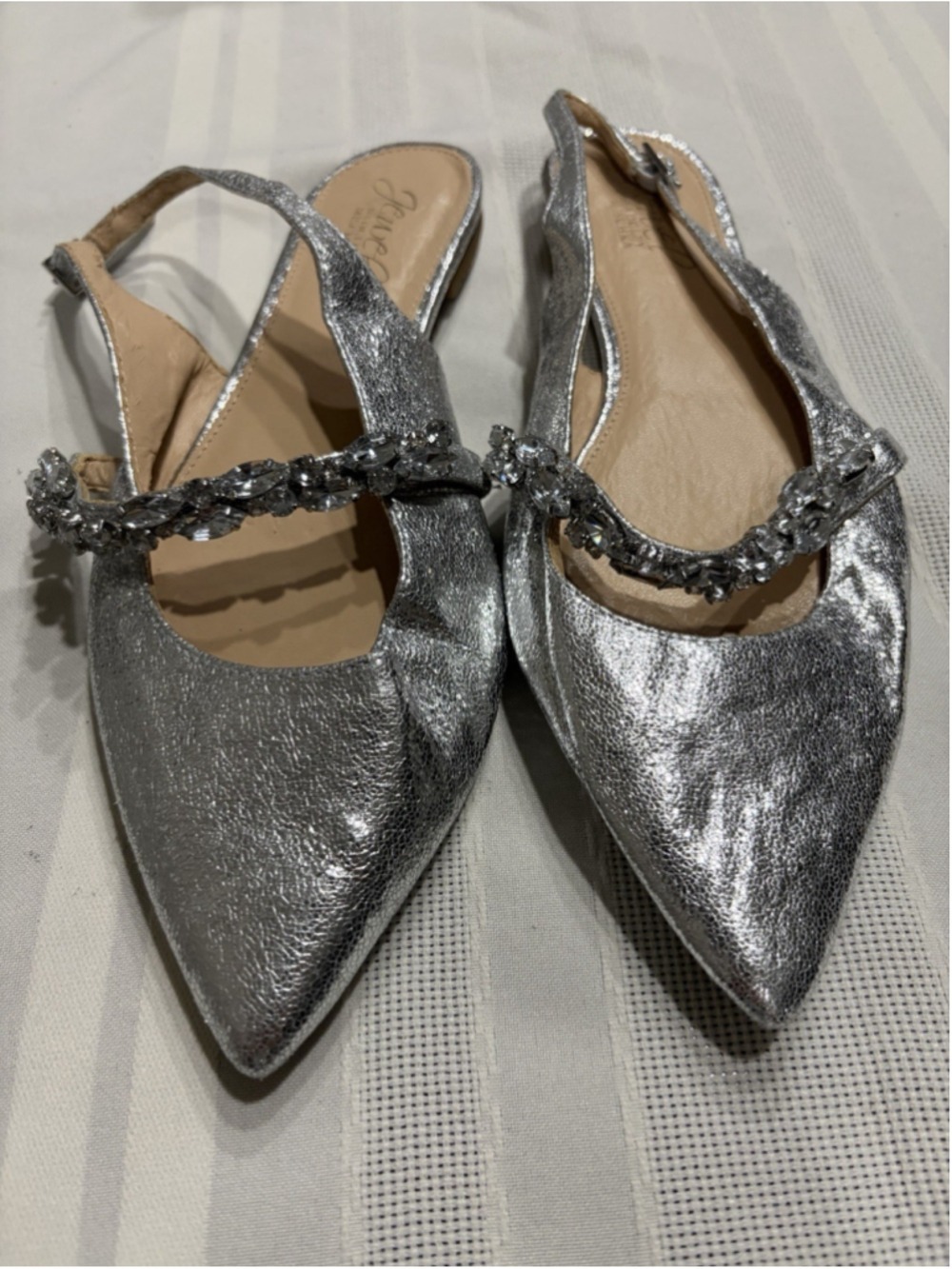 Jewel Badgley Mischka Silver Rhinestone Toe Slingback Bridal Wedding Flats Sz 7